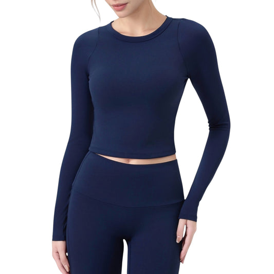 Long Sleeve Cropped Sports Top with Open Back and Crisscross Strap Detail