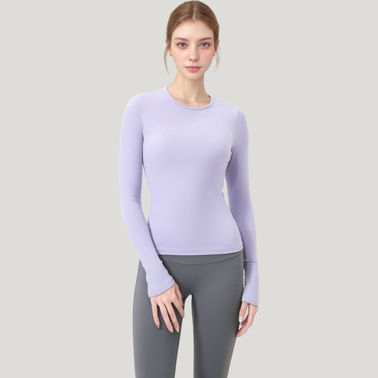 Long Sleeve Fitted Activewear Top with Crew Neck and Thumbhole Cuffs
