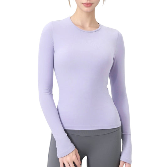 Long Sleeve Fitted Activewear Top with Crew Neck and Thumbhole Cuffs