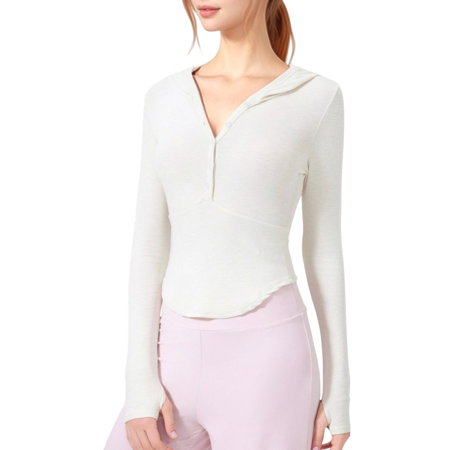 Long Sleeve Henley Hoodie Activewear Top with Streamlined Fit and Lightweight Stretch Fabric