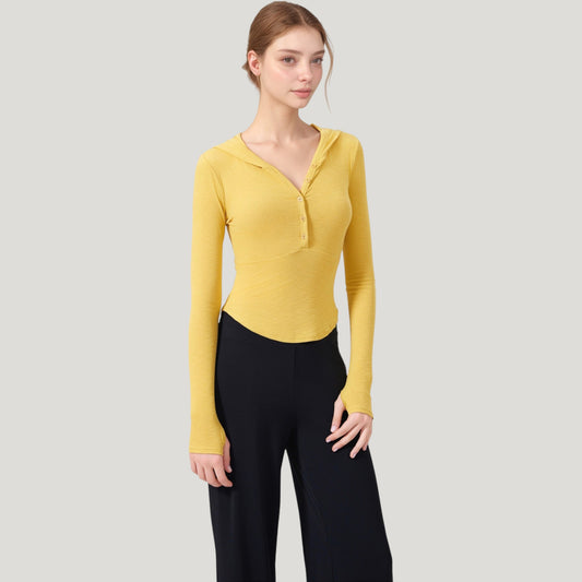 Long Sleeve Henley Hoodie Activewear Top with Streamlined Fit and Lightweight Stretch Fabric