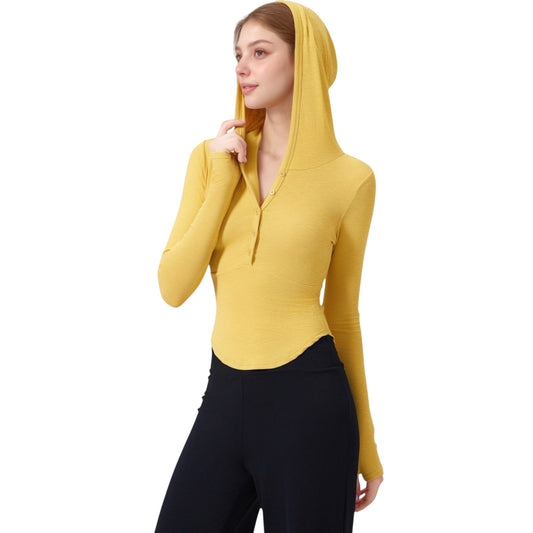 Long Sleeve Henley Hoodie Activewear Top with Streamlined Fit and Lightweight Stretch Fabric