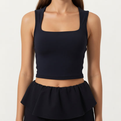 Square Neck Cropped Active Tank Top with Wide Straps and Fitted Stretch Design
