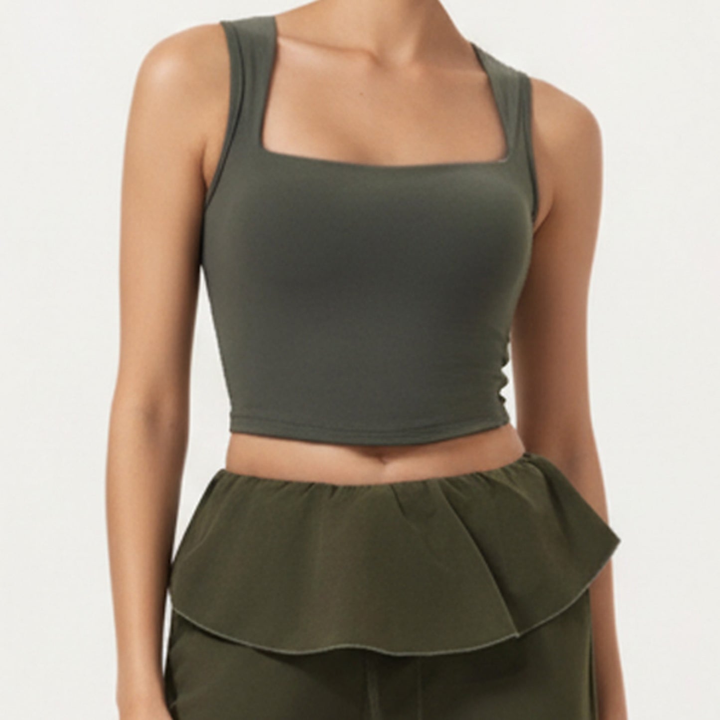 Square Neck Cropped Active Tank Top with Wide Straps and Fitted Stretch Design