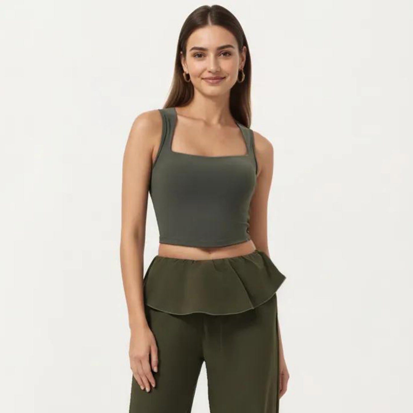 Square Neck Cropped Active Tank Top with Wide Straps and Fitted Stretch Design