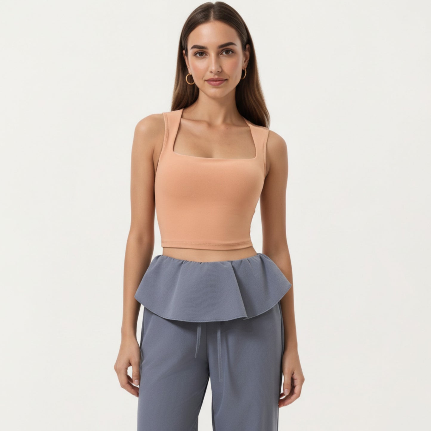 Square Neck Cropped Active Tank Top with Wide Straps and Fitted Stretch Design