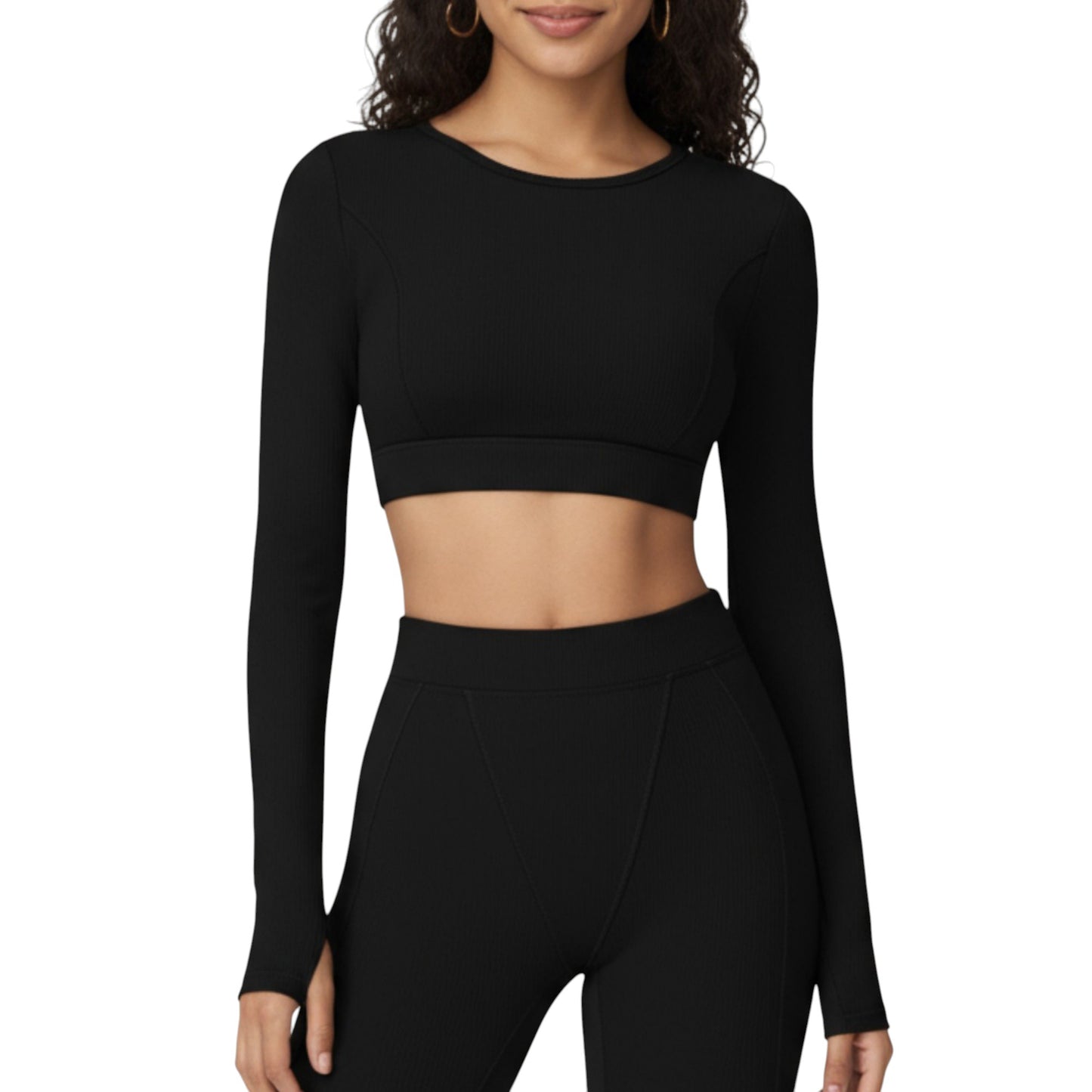 Ribbed Cropped Long-Sleeve Top with Square Neckline and Contour Seaming