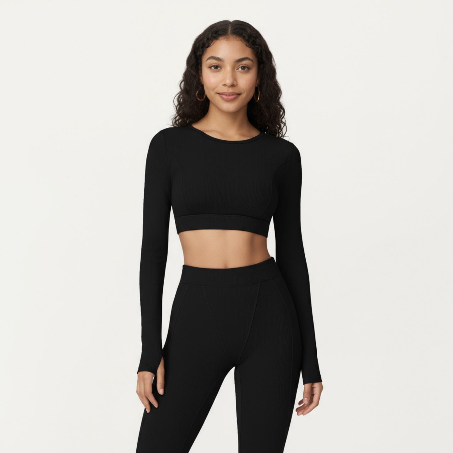 Ribbed Cropped Long-Sleeve Top with Square Neckline and Contour Seaming
