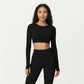 Ribbed Cropped Long-Sleeve Top with Square Neckline and Contour Seaming