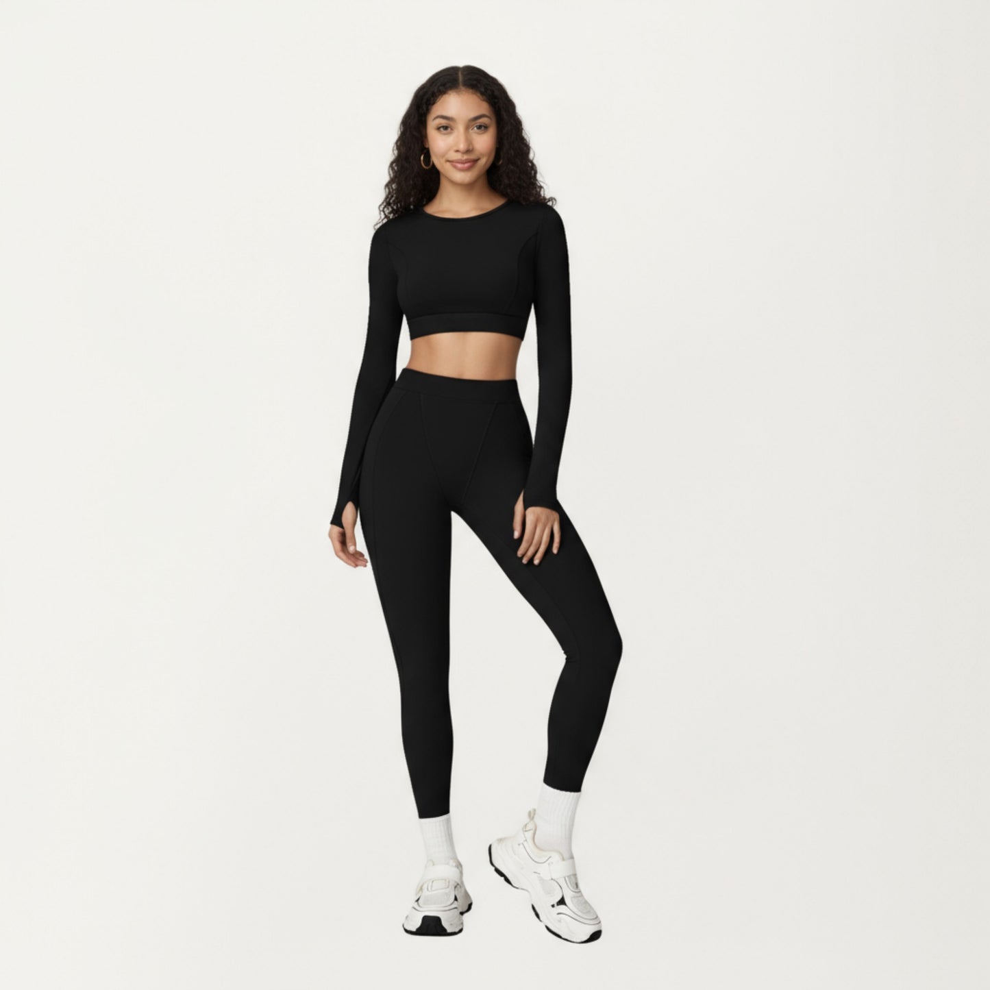 Ribbed Cropped Long-Sleeve Top with Square Neckline and Contour Seaming