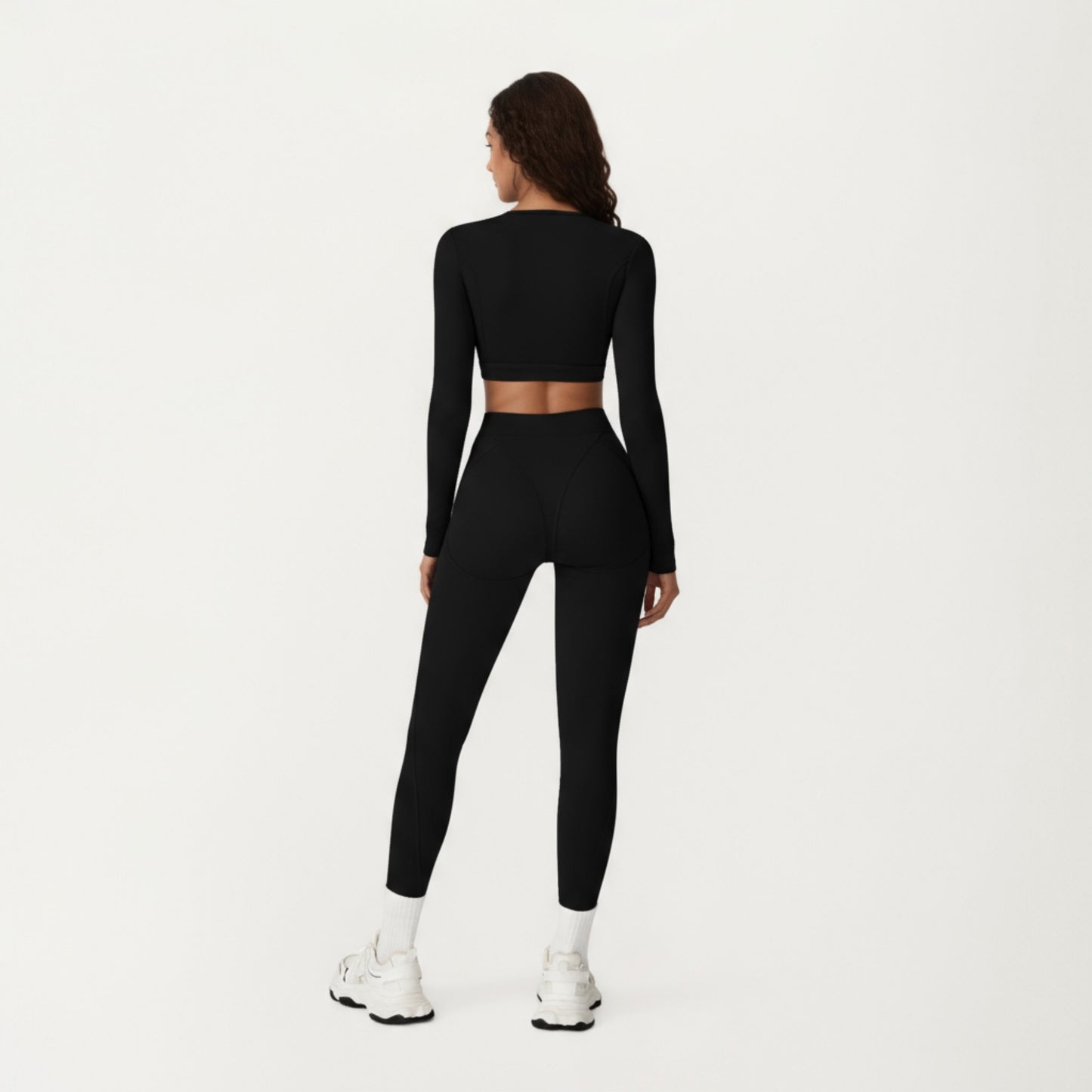 Ribbed Cropped Long-Sleeve Top with Square Neckline and Contour Seaming