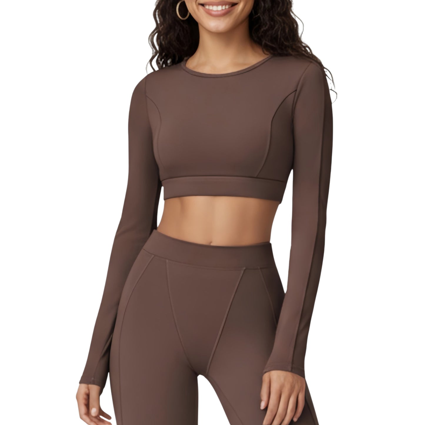 Ribbed Cropped Long-Sleeve Top with Square Neckline and Contour Seaming
