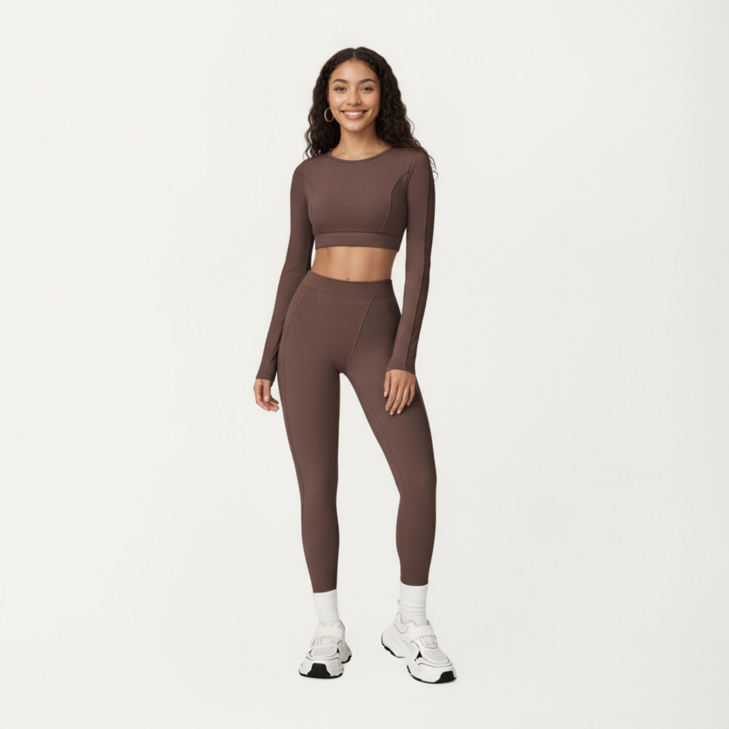 Ribbed Cropped Long-Sleeve Top with Square Neckline and Contour Seaming