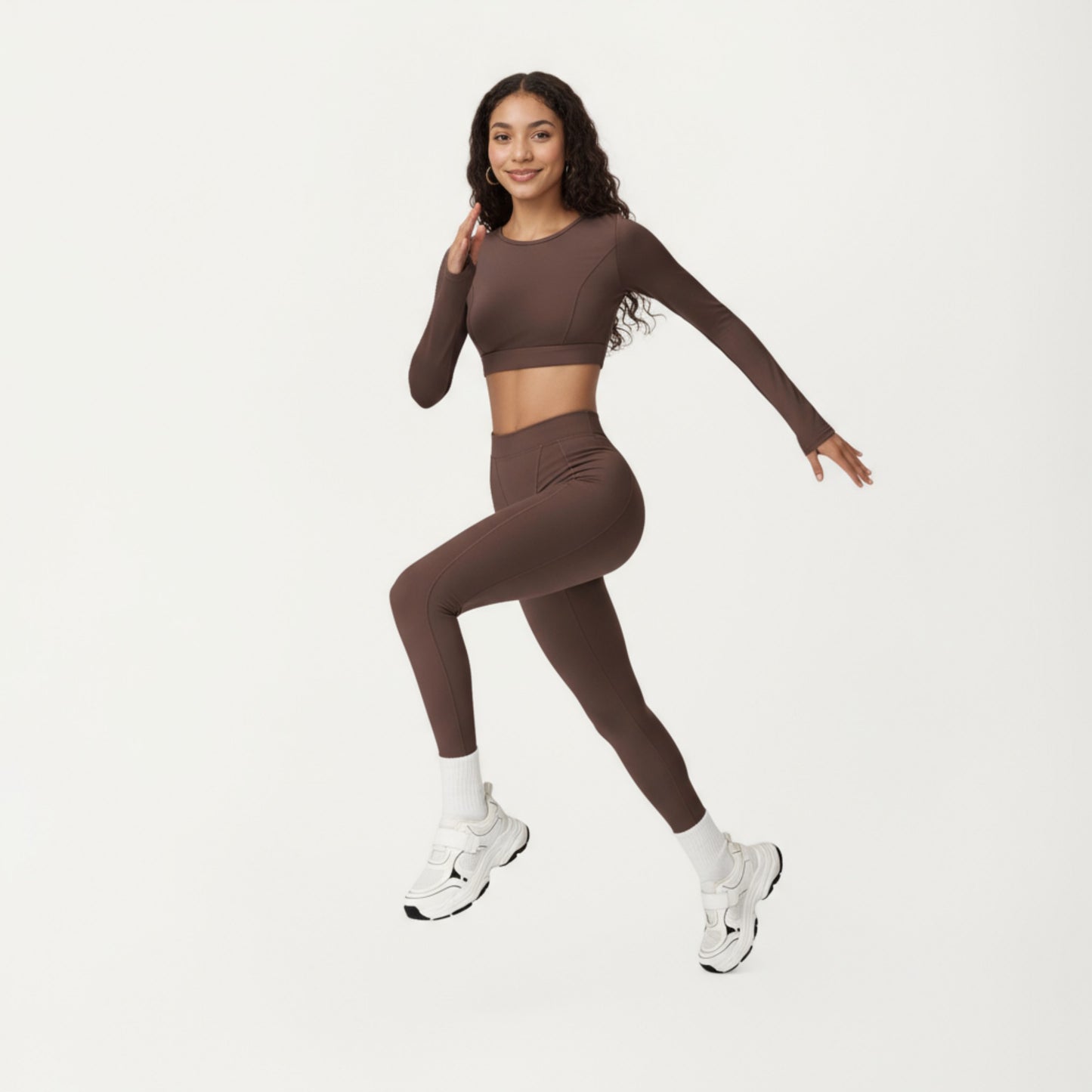 Ribbed Cropped Long-Sleeve Top with Square Neckline and Contour Seaming
