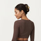 Ribbed Cropped Long-Sleeve Top with Square Neckline and Contour Seaming