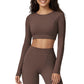 Ribbed Cropped Long-Sleeve Top with Square Neckline and Contour Seaming