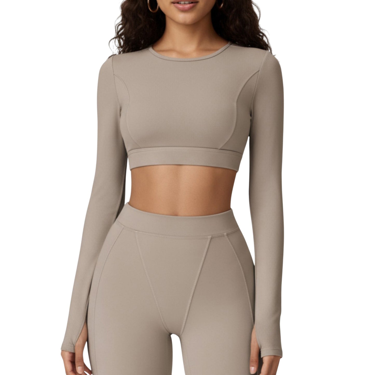Ribbed Cropped Long-Sleeve Top with Square Neckline and Contour Seaming