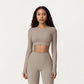 Ribbed Cropped Long-Sleeve Top with Square Neckline and Contour Seaming