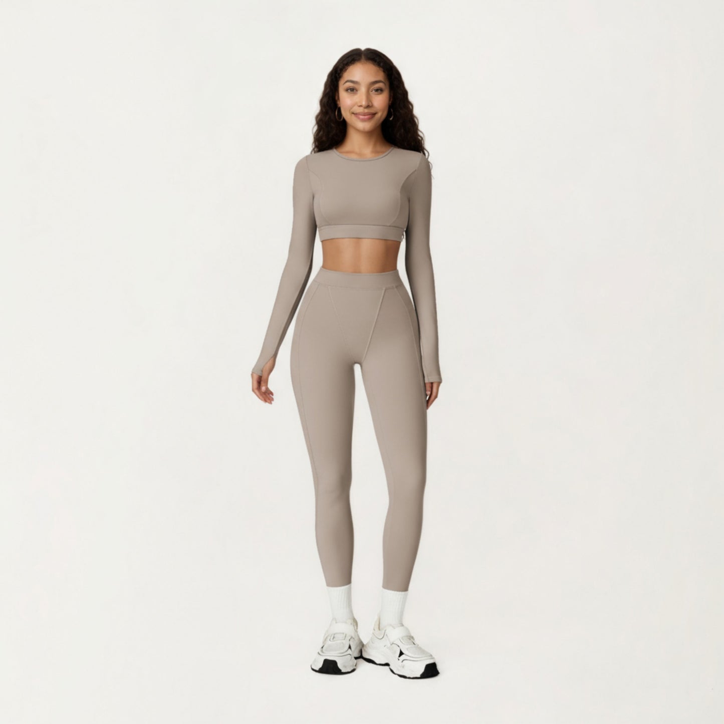 Ribbed Cropped Long-Sleeve Top with Square Neckline and Contour Seaming