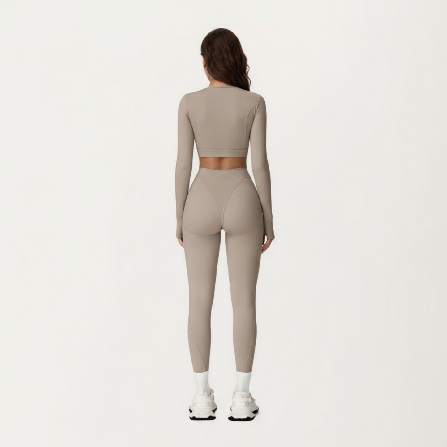 Ribbed Cropped Long-Sleeve Top with Square Neckline and Contour Seaming