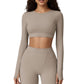Ribbed Cropped Long-Sleeve Top with Square Neckline and Contour Seaming