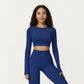 Ribbed Cropped Long-Sleeve Top with Square Neckline and Contour Seaming