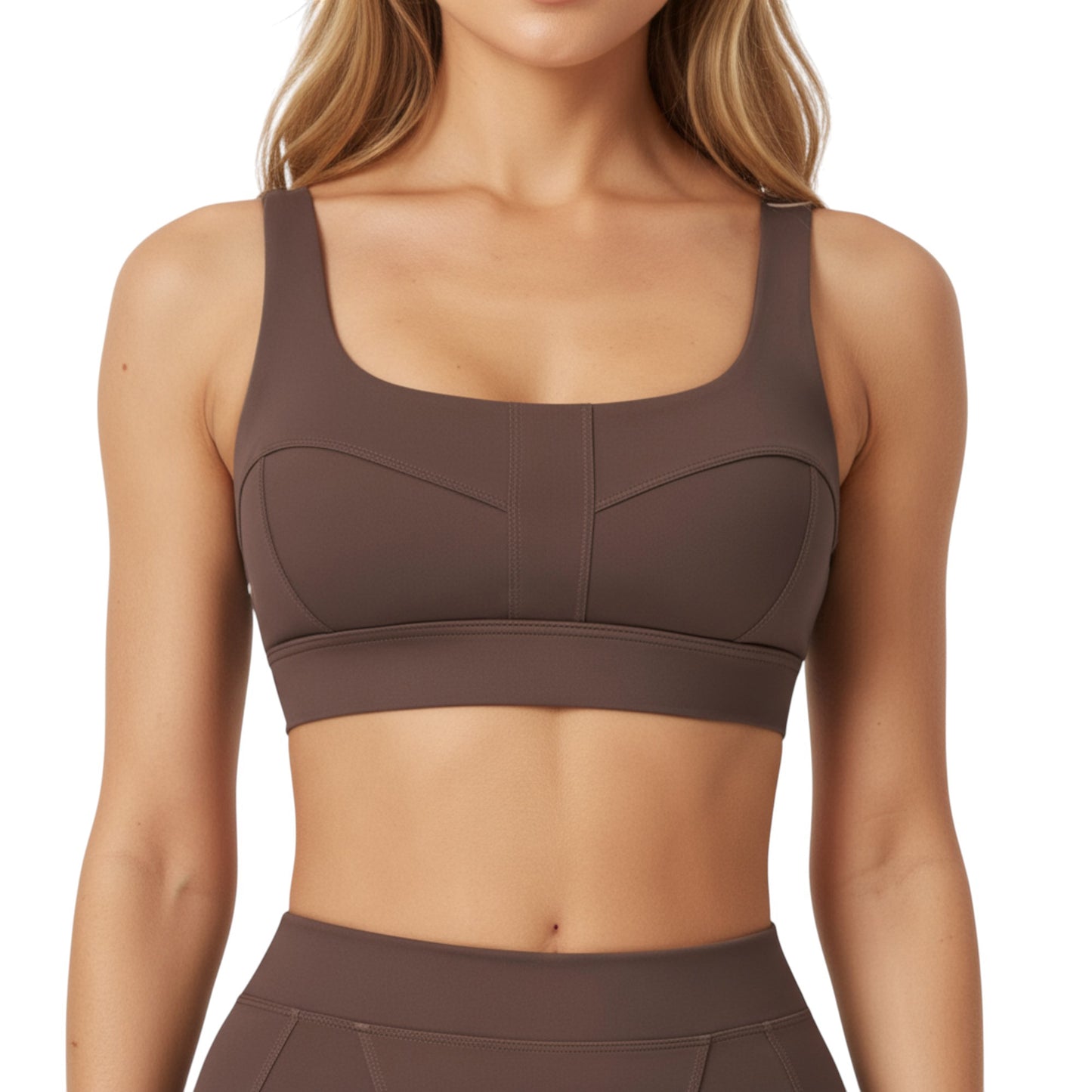 Square Neck Sports Bra with Contour Seam Design and Wide Supportive Straps