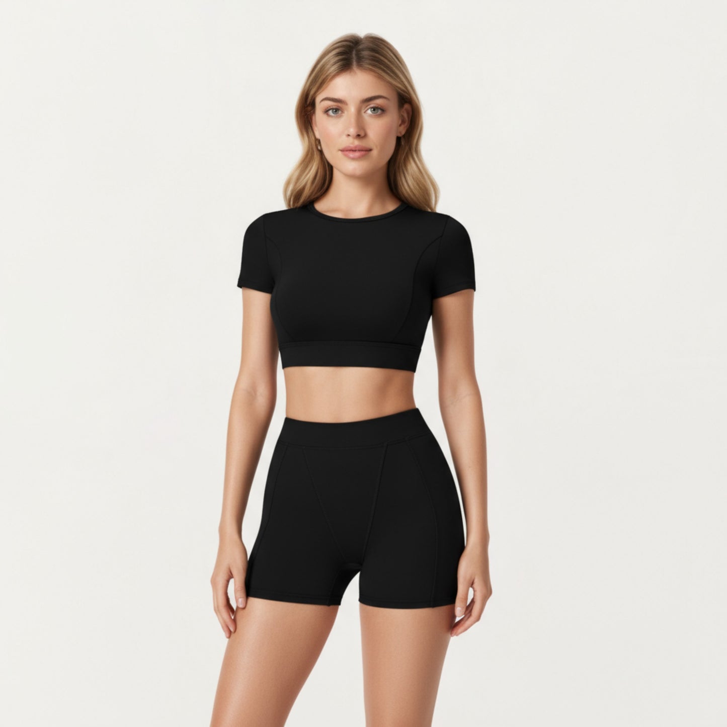 Ribbed Cropped Short-Sleeve Top with Contour Waist Detail