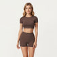 Ribbed Cropped Short-Sleeve Top with Contour Waist Detail