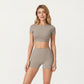 Ribbed Cropped Short-Sleeve Top with Contour Waist Detail