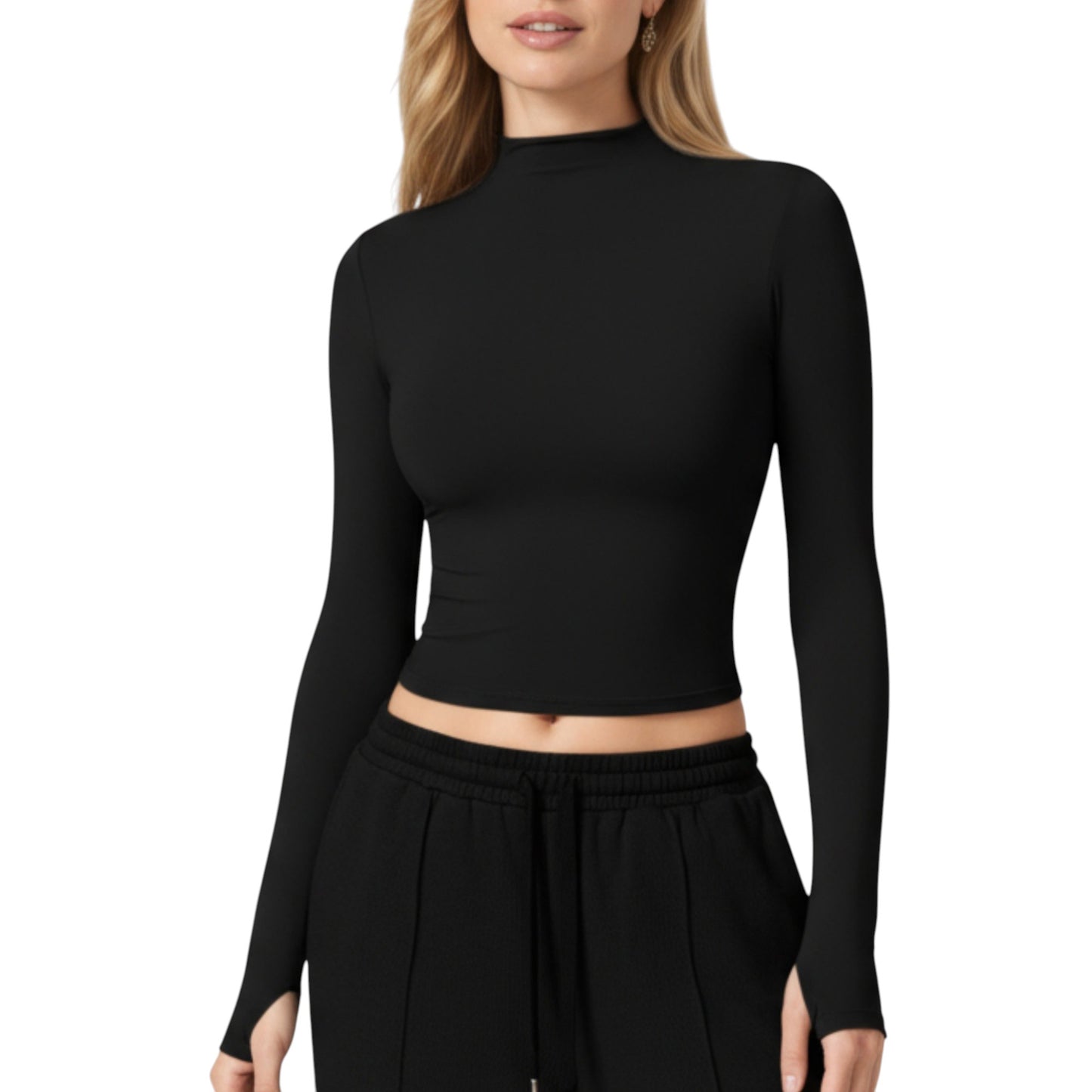 High-Neck Cropped Long-Sleeve Top with Soft Textured Fabric