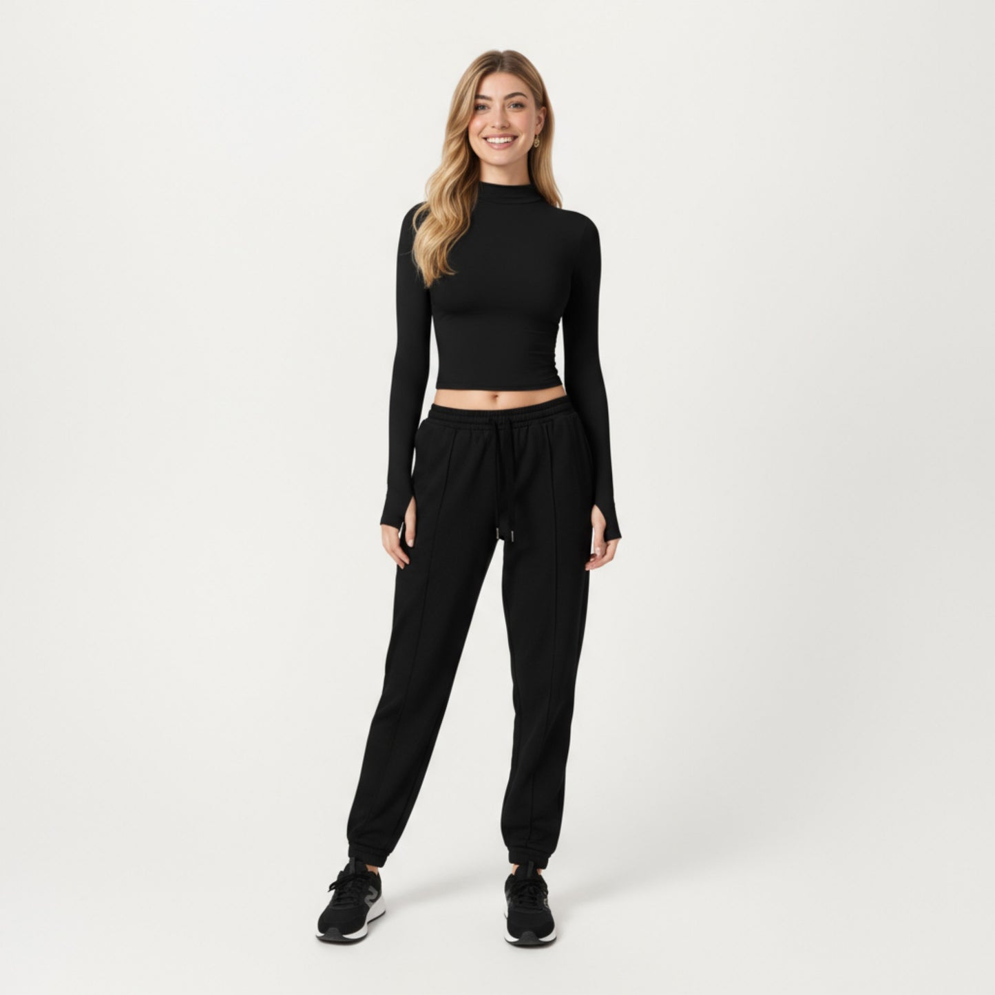 High-Neck Cropped Long-Sleeve Top with Soft Textured Fabric