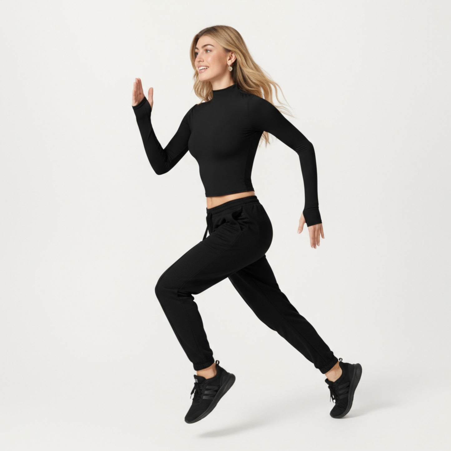 High-Neck Cropped Long-Sleeve Top with Soft Textured Fabric