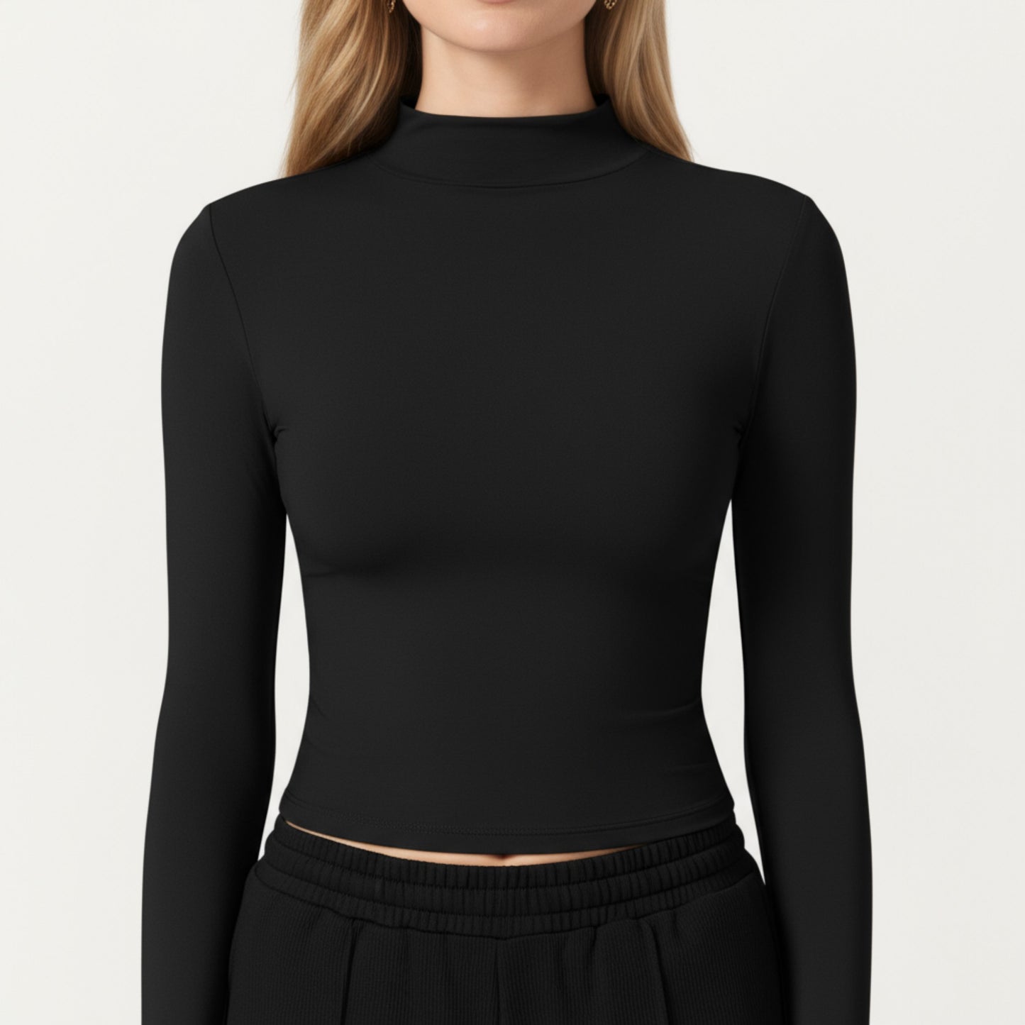 High-Neck Cropped Long-Sleeve Top with Soft Textured Fabric