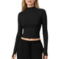 High-Neck Cropped Long-Sleeve Top with Soft Textured Fabric