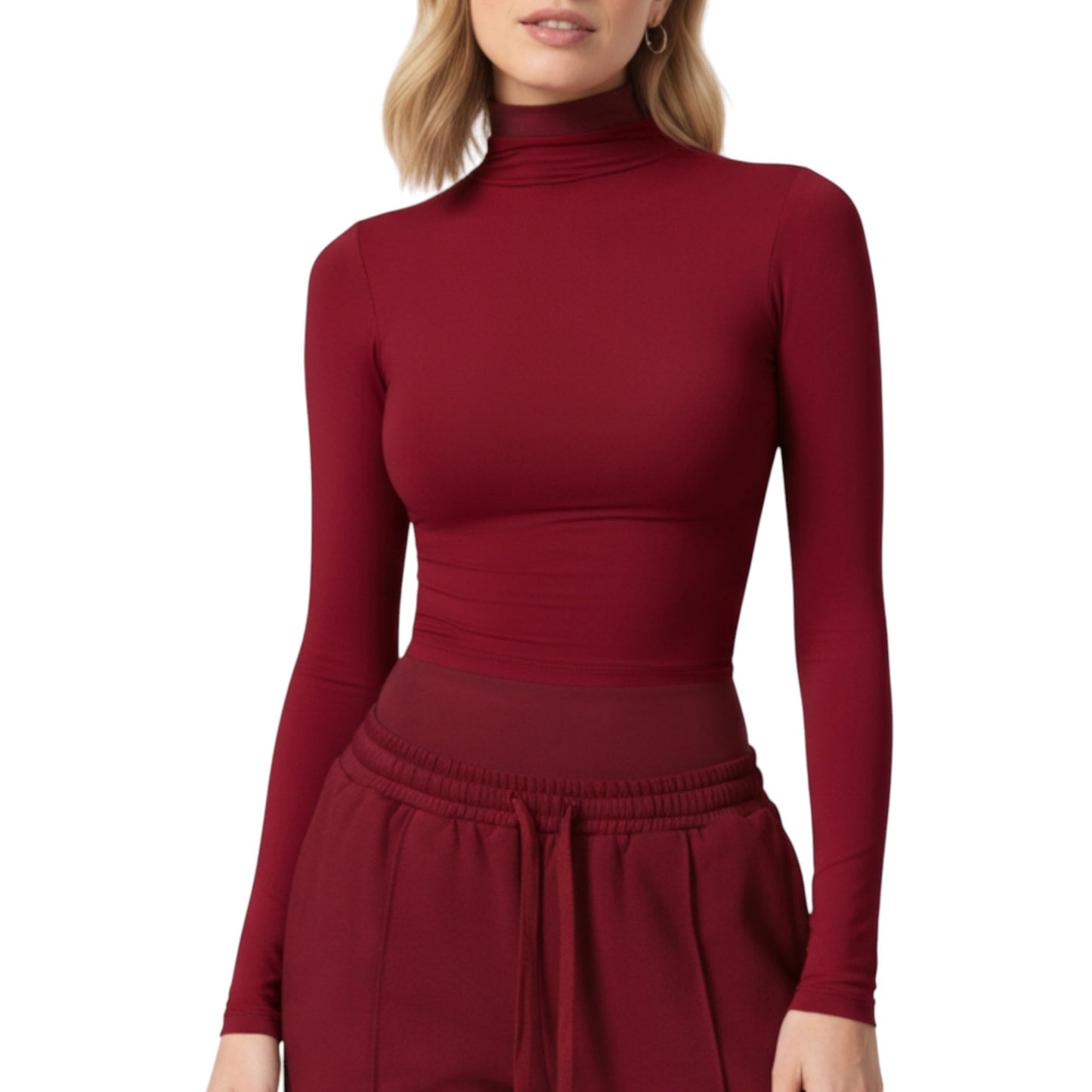 High-Neck Cropped Long-Sleeve Top with Soft Textured Fabric