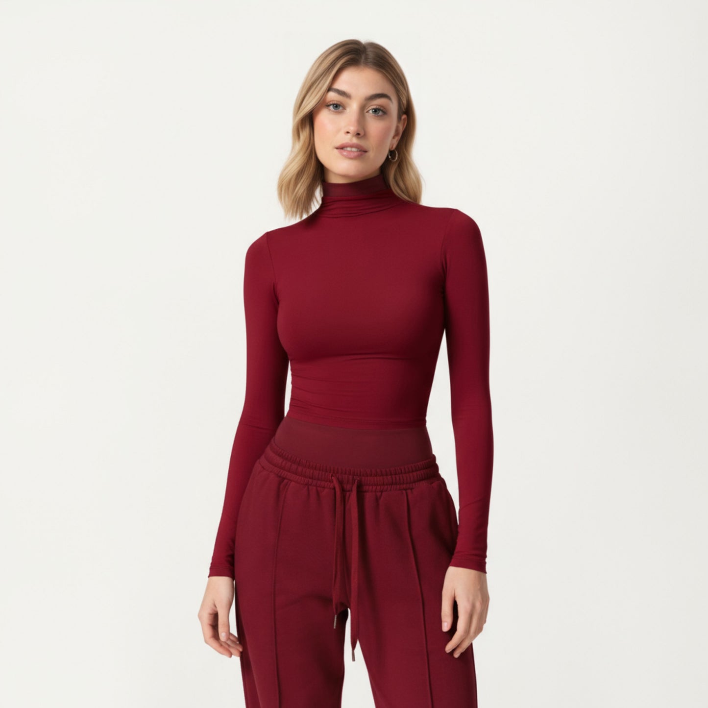 High-Neck Cropped Long-Sleeve Top with Soft Textured Fabric