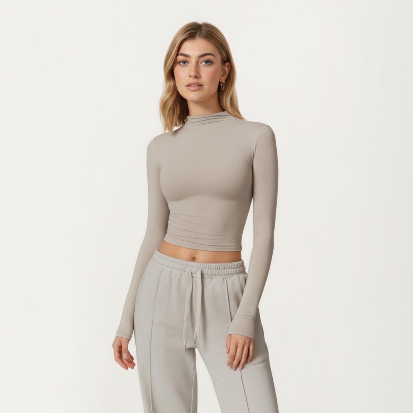 High-Neck Cropped Long-Sleeve Top with Soft Textured Fabric