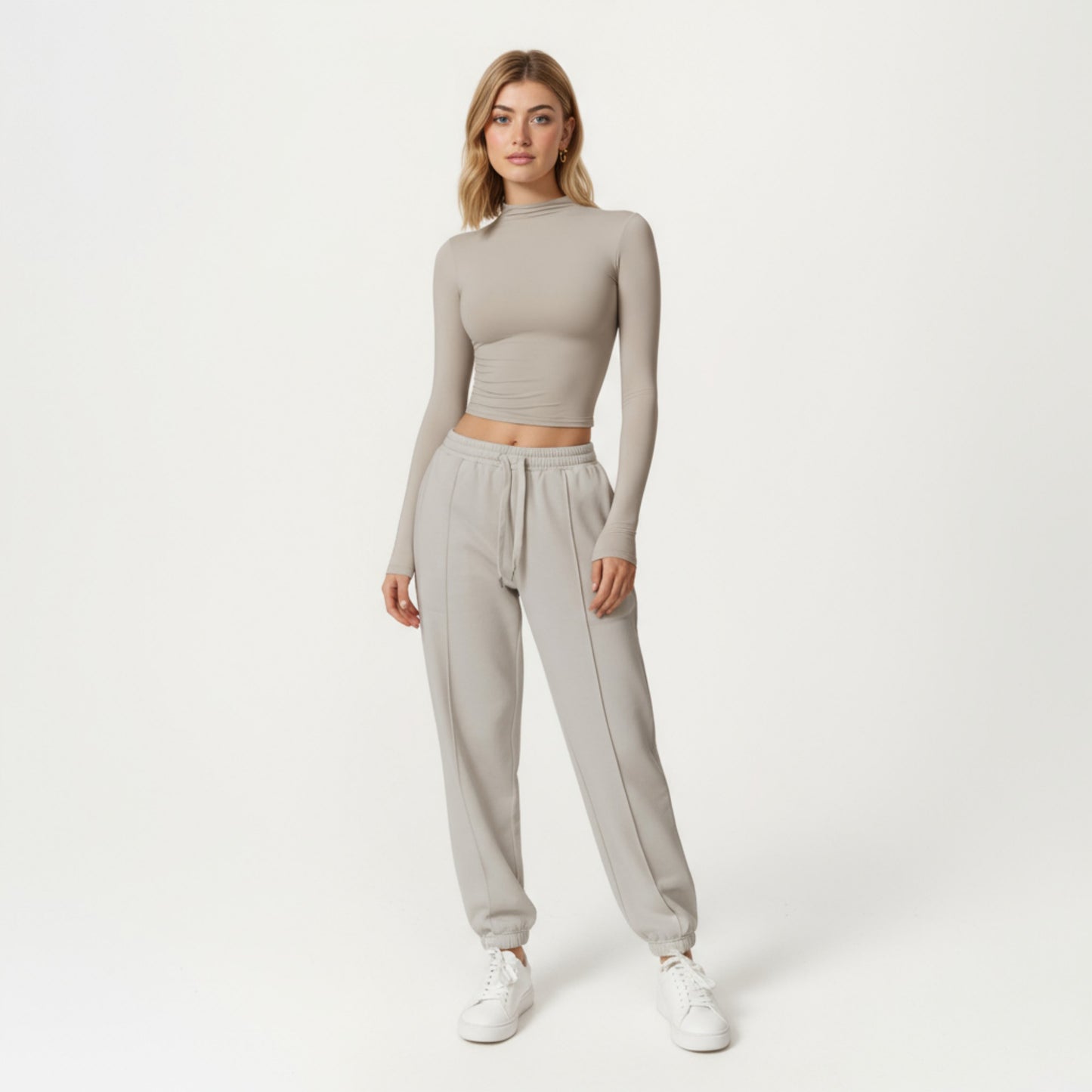 High-Neck Cropped Long-Sleeve Top with Soft Textured Fabric