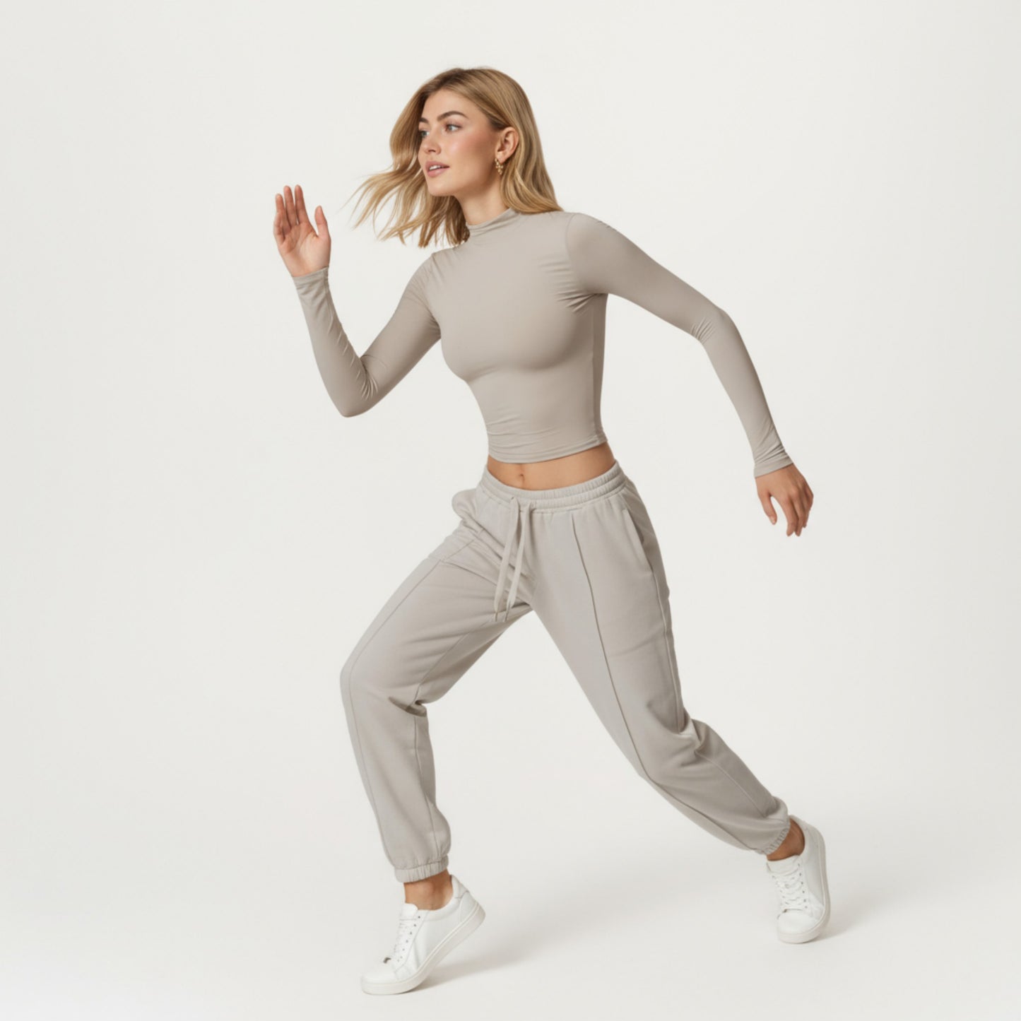 High-Neck Cropped Long-Sleeve Top with Soft Textured Fabric