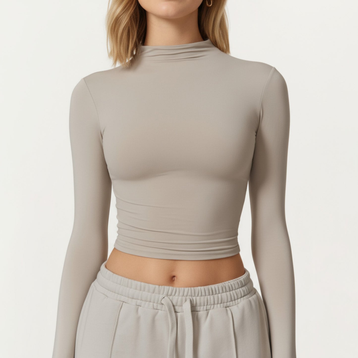 High-Neck Cropped Long-Sleeve Top with Soft Textured Fabric