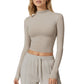 High-Neck Cropped Long-Sleeve Top with Soft Textured Fabric