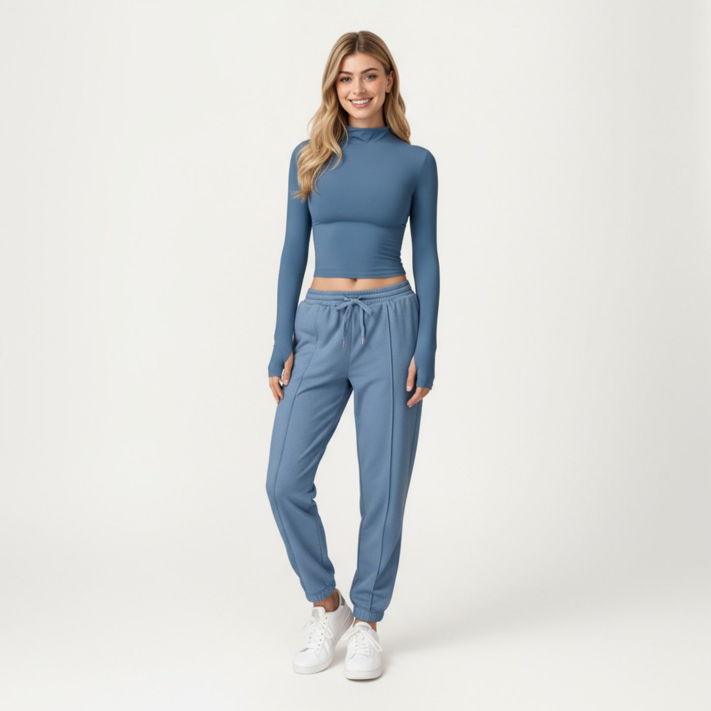 High-Neck Cropped Long-Sleeve Top with Soft Textured Fabric