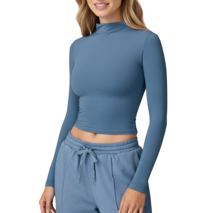 High-Neck Cropped Long-Sleeve Top with Soft Textured Fabric