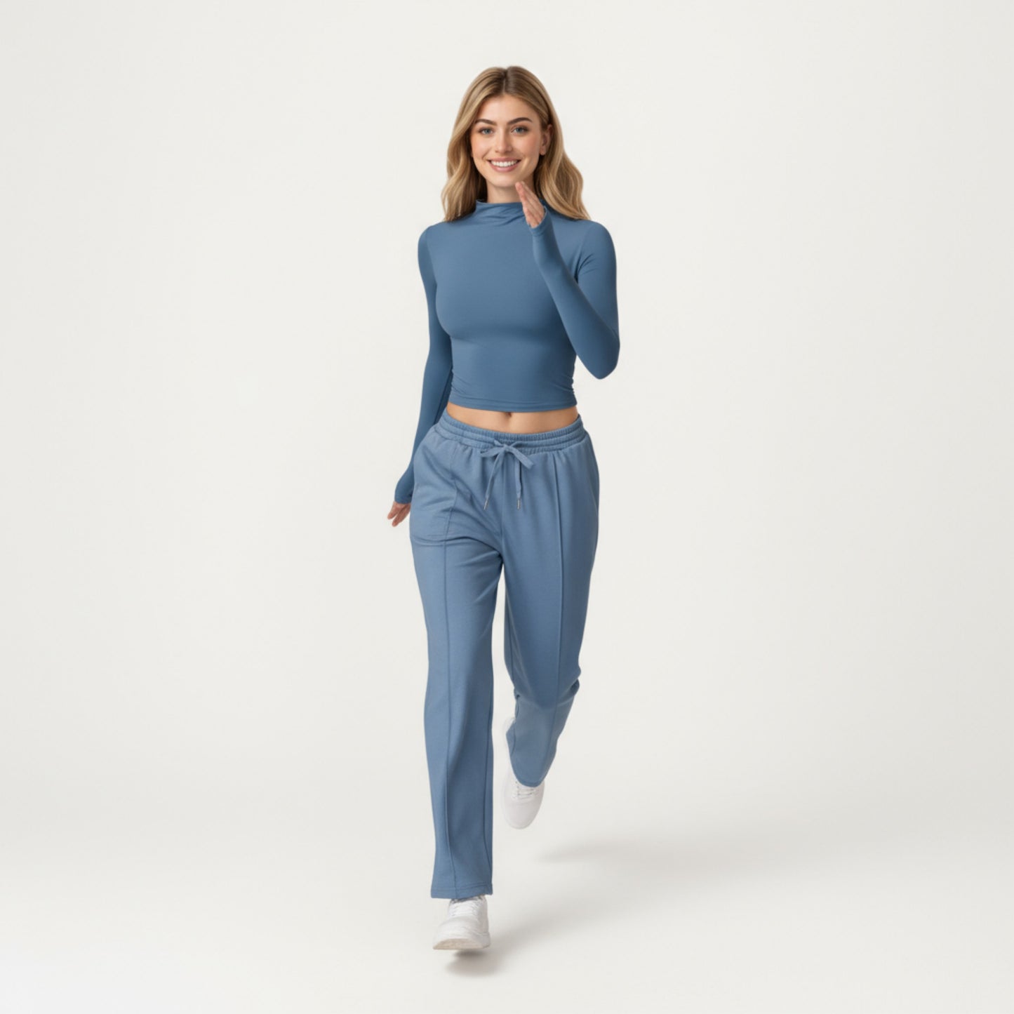 High-Neck Cropped Long-Sleeve Top with Soft Textured Fabric