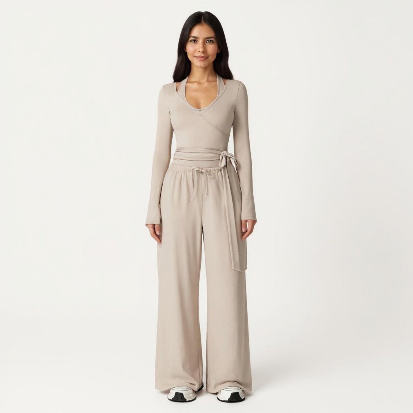 V-Neck Belted Waist Layering Piece Outwear with Front Tie Detail