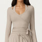 V-Neck Belted Waist Layering Piece Outwear with Front Tie Detail