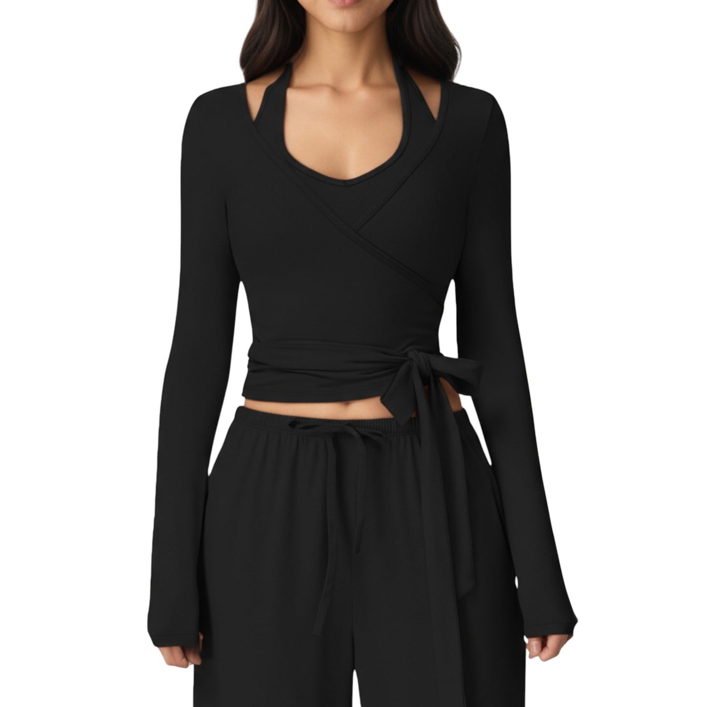 V-Neck Belted Waist Layering Piece Outwear with Front Tie Detail