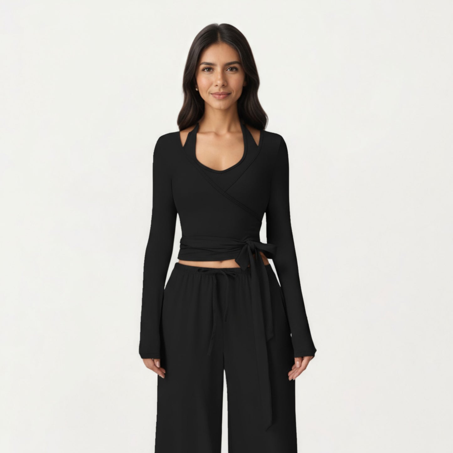 V-Neck Belted Waist Layering Piece Outwear with Front Tie Detail