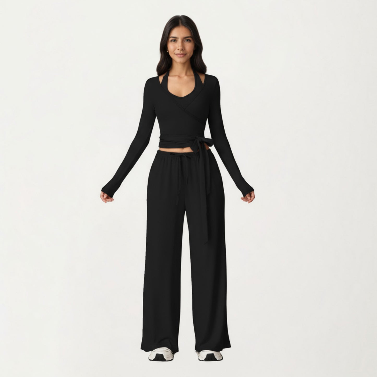 V-Neck Belted Waist Layering Piece Outwear with Front Tie Detail